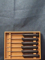 6 Gibson Steak Knives | 4.5" Serrated Stainless Steel | Wood Storage Block Tray