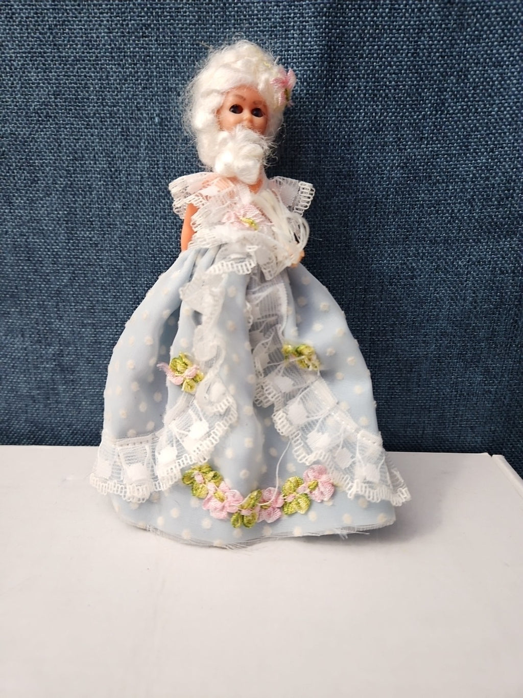 Vintage 5.5" Costume Doll | Blue Polka Dot Rococo Dress | Hard Plastic Souvenir