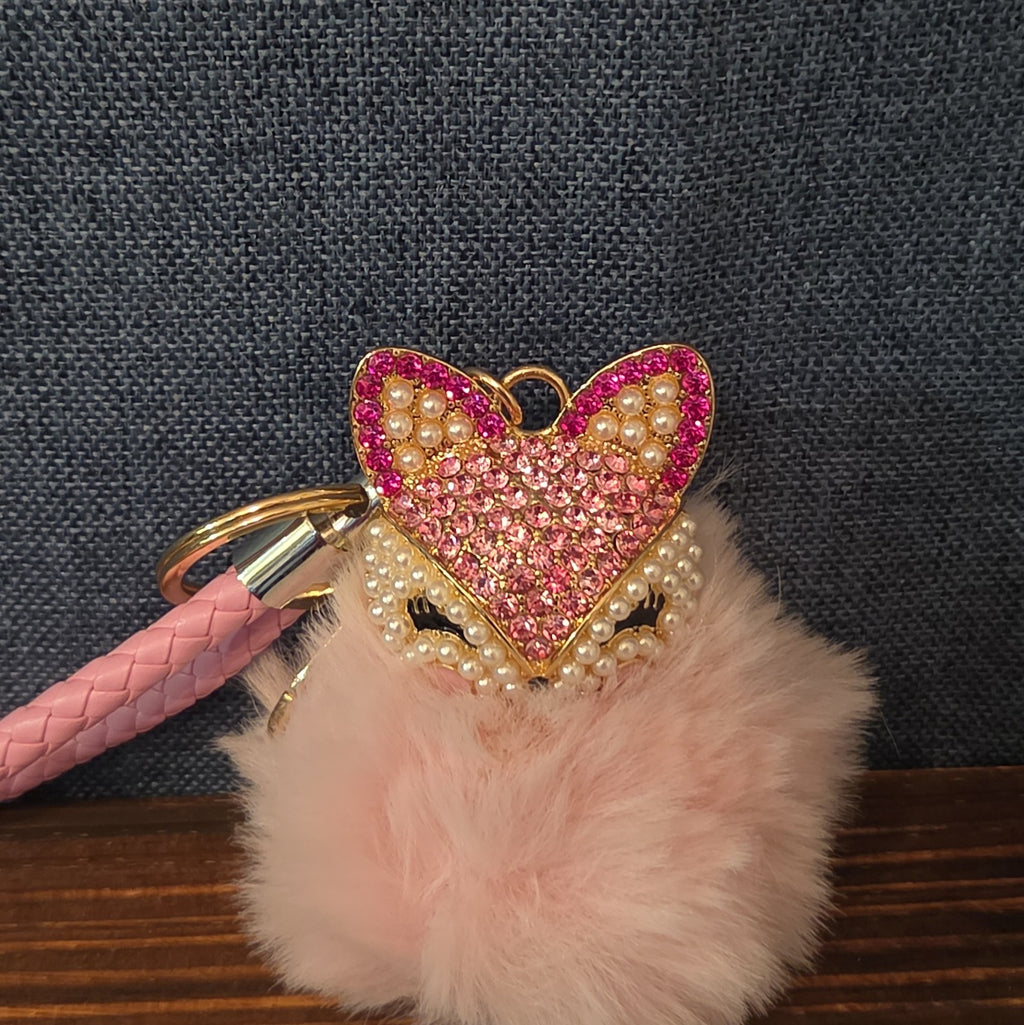 Pink Rhinestone Fox Pom Pom Keychain Charm Braided Strap