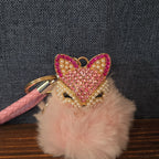 Pink Rhinestone Fox Pom Pom Keychain Charm Braided Strap