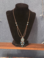 Lia Sophia Blue Bead Double Loop Necklace Antique Gold Tone Boho