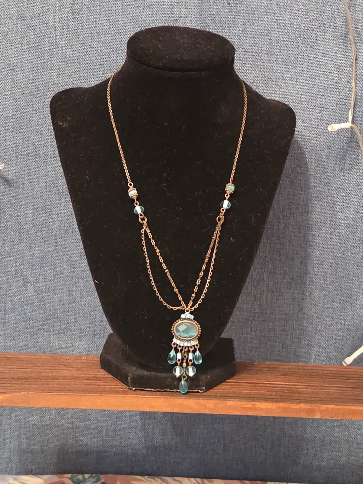 Lia Sophia Blue Bead Double Loop Necklace Antique Gold Tone Boho