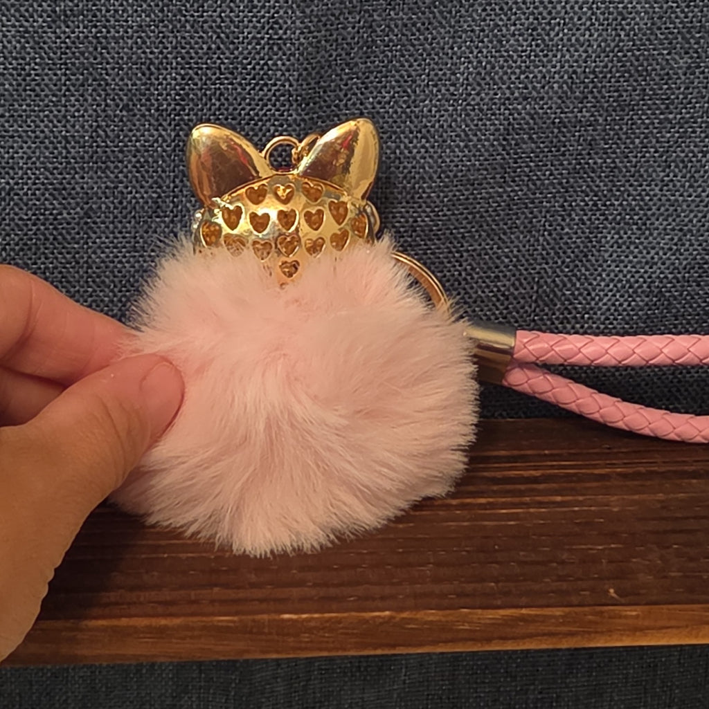 Pink Rhinestone Fox Pom Pom Keychain Charm Braided Strap