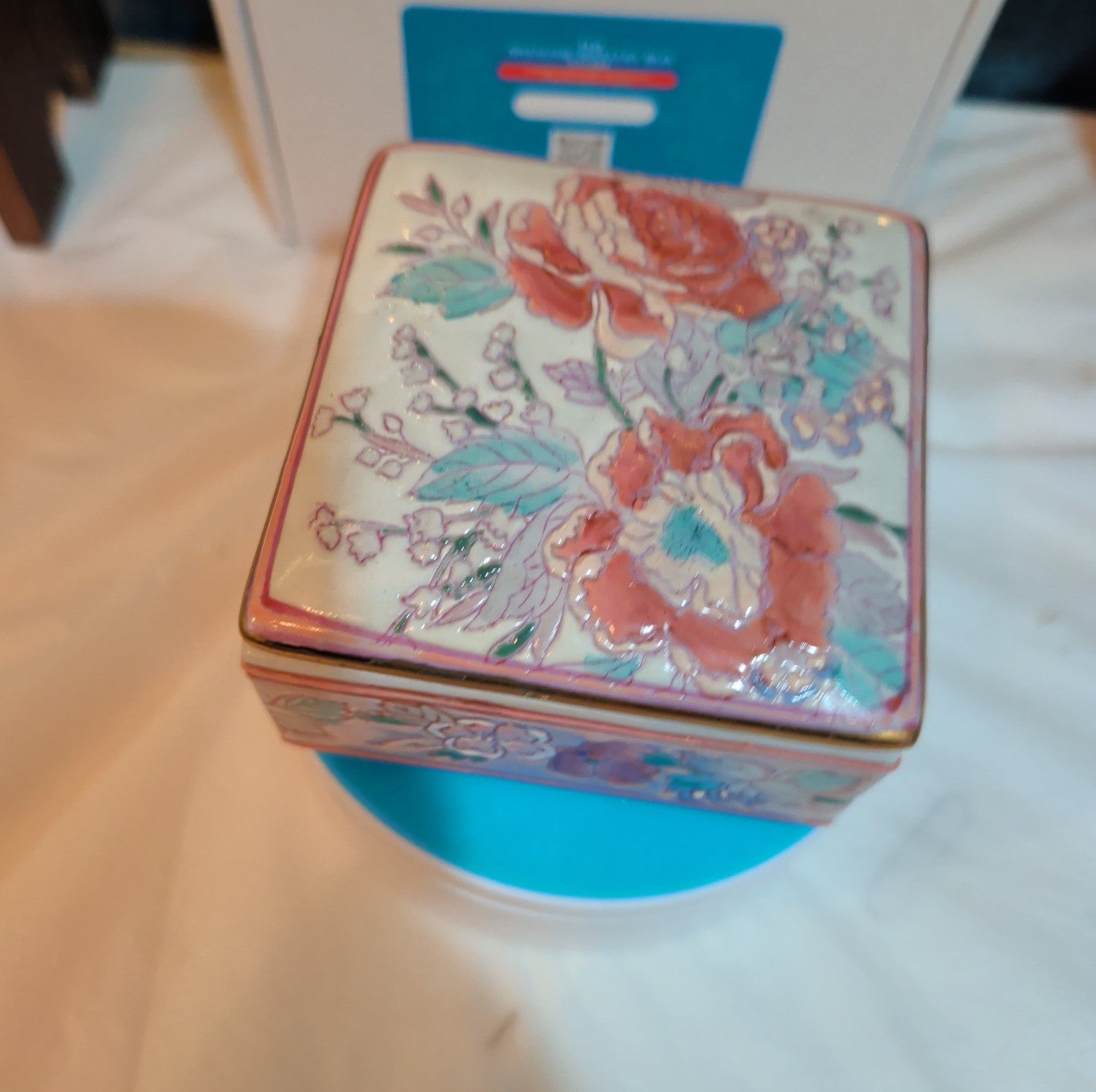 Vintage Pink Floral Porcelain Square Trinket Box Grandmillennial PreOwned