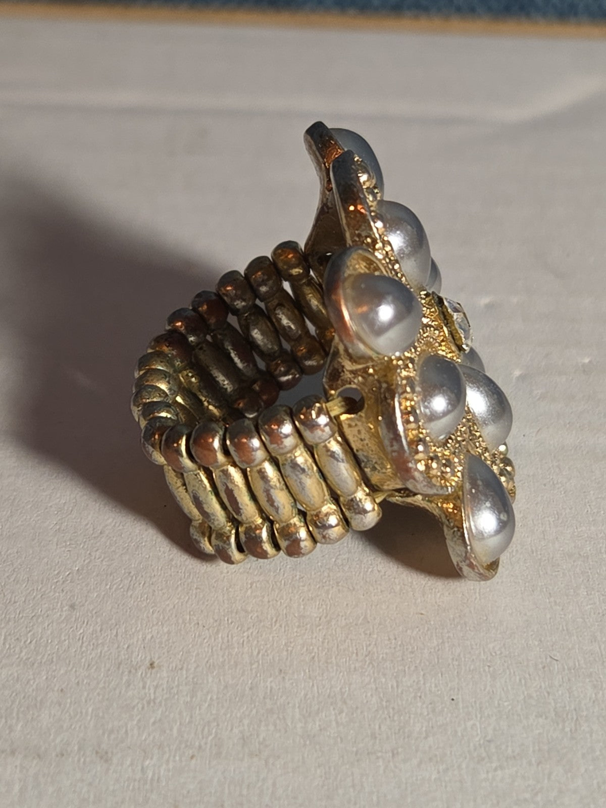 Sarah Coventry Pearl Rhinestone Flower Ring Vintage  Adjustable