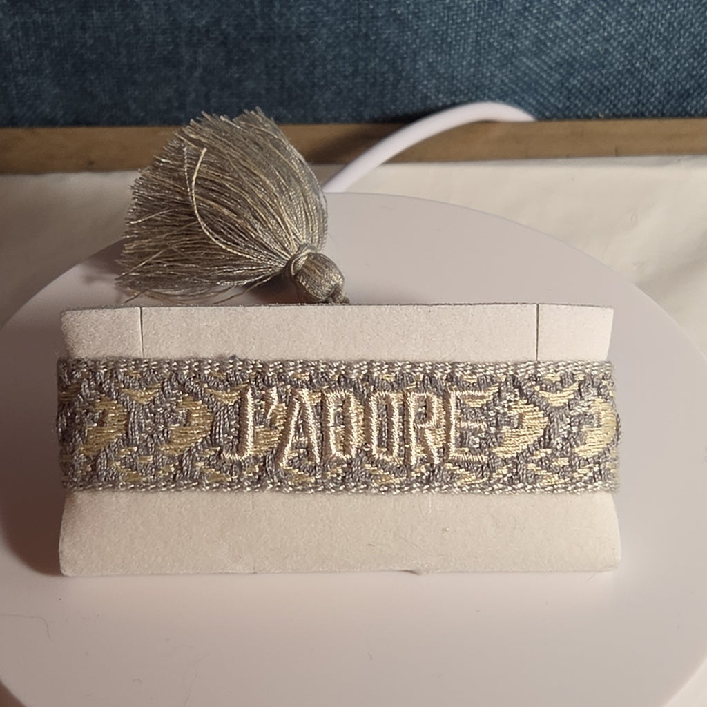 J'Adore Woven Friendship Bracelet Grey Tassel Designer Inspired