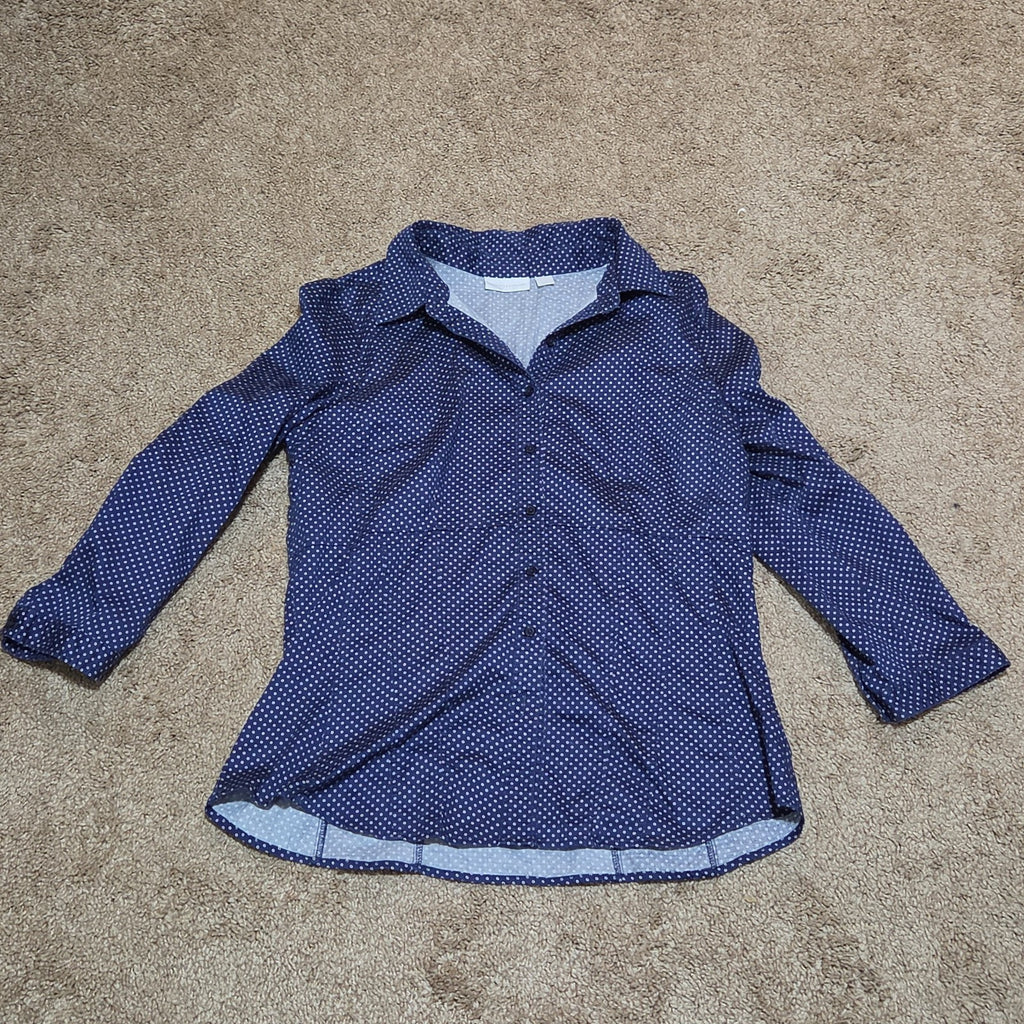 New York & Company Blouse Blue Polka Dot Button Down Office Wear Used Size L