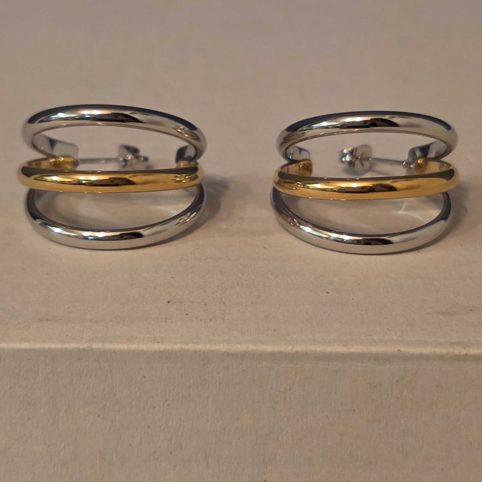 Triple Hoop Mixed Metal Gold Silver Tone Earrings Modern