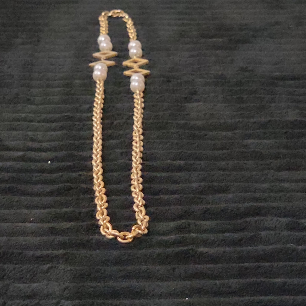 Vintage Gold Tone Geometric Necklace Long Pearl Station Diamond Link Chain 32"