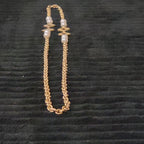Vintage Gold Tone Geometric Necklace Long Pearl Station Diamond Link Chain 32"