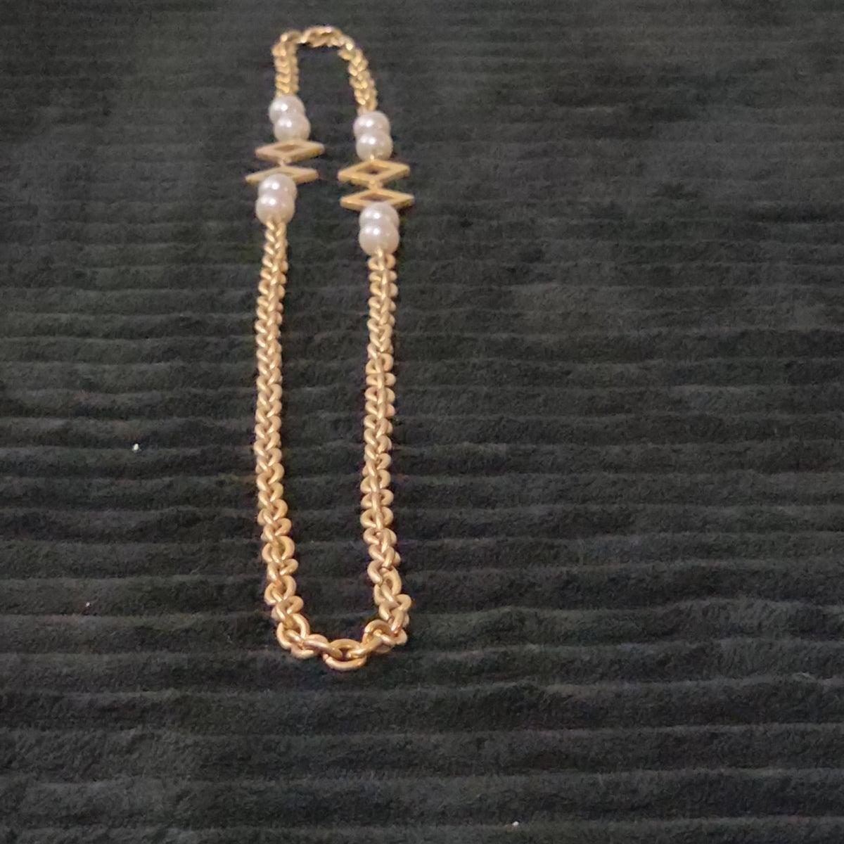 Vintage Gold Tone Geometric Necklace Long Pearl Station Diamond Link Chain 32"