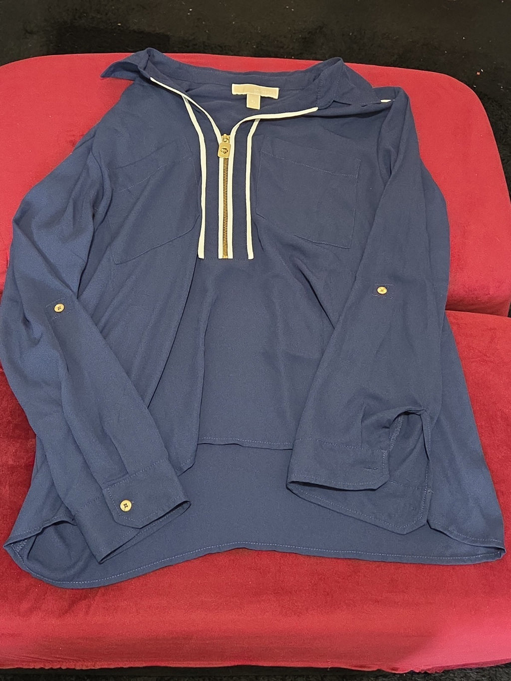 Michael Kors Blouse XL Navy Blue Zip Front Roll Tab Sleeve Shirt Gently Used