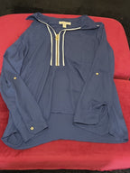 Michael Kors Blouse XL Navy Blue Zip Front Roll Tab Sleeve Shirt Gently Used