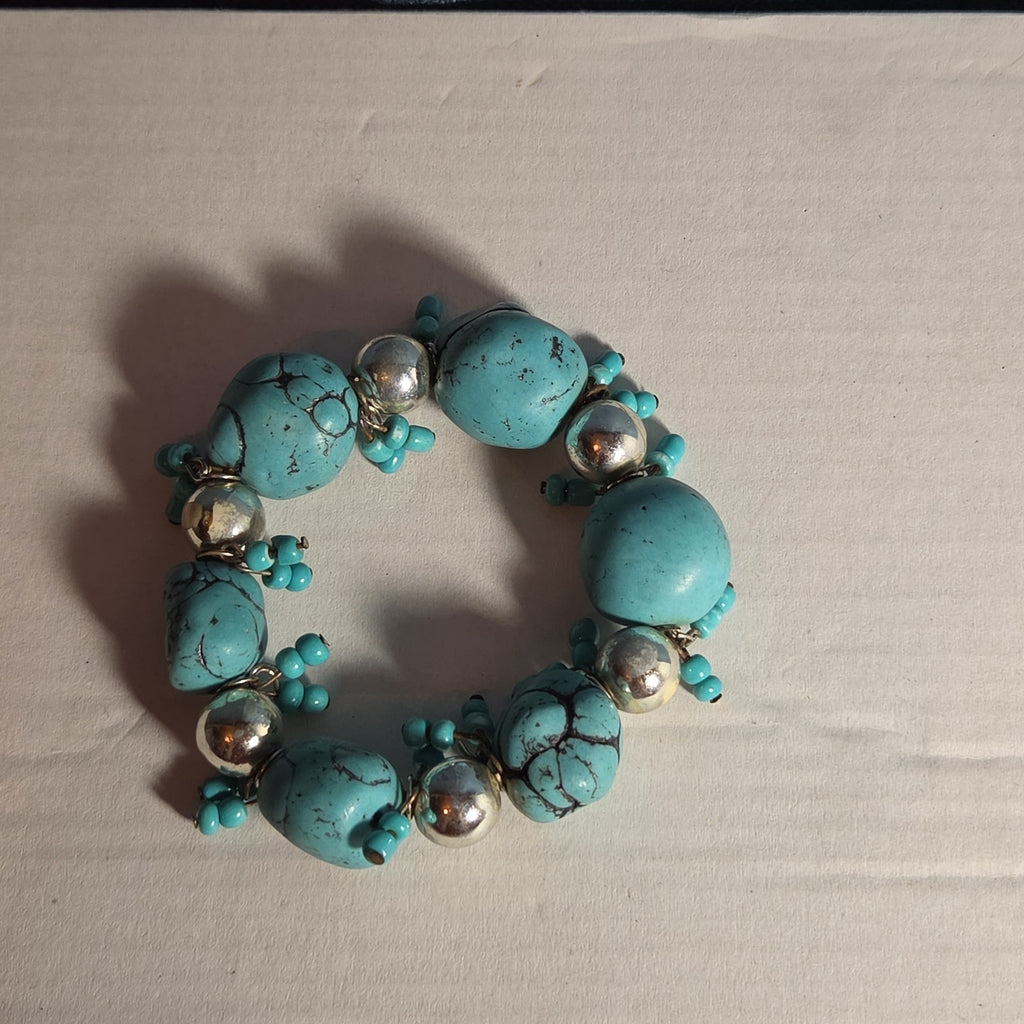 Chunky Faux Turquoise Silver Tone Stretch Bracelet Boho Y2K NWOT