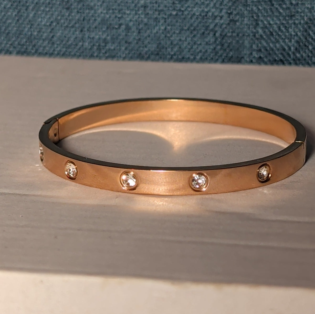 Hinged Bangle Copper Rose Gold Tone Rhinestone