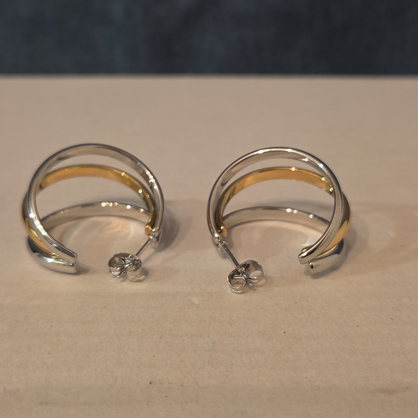 Triple Hoop Mixed Metal Gold Silver Tone Earrings Modern