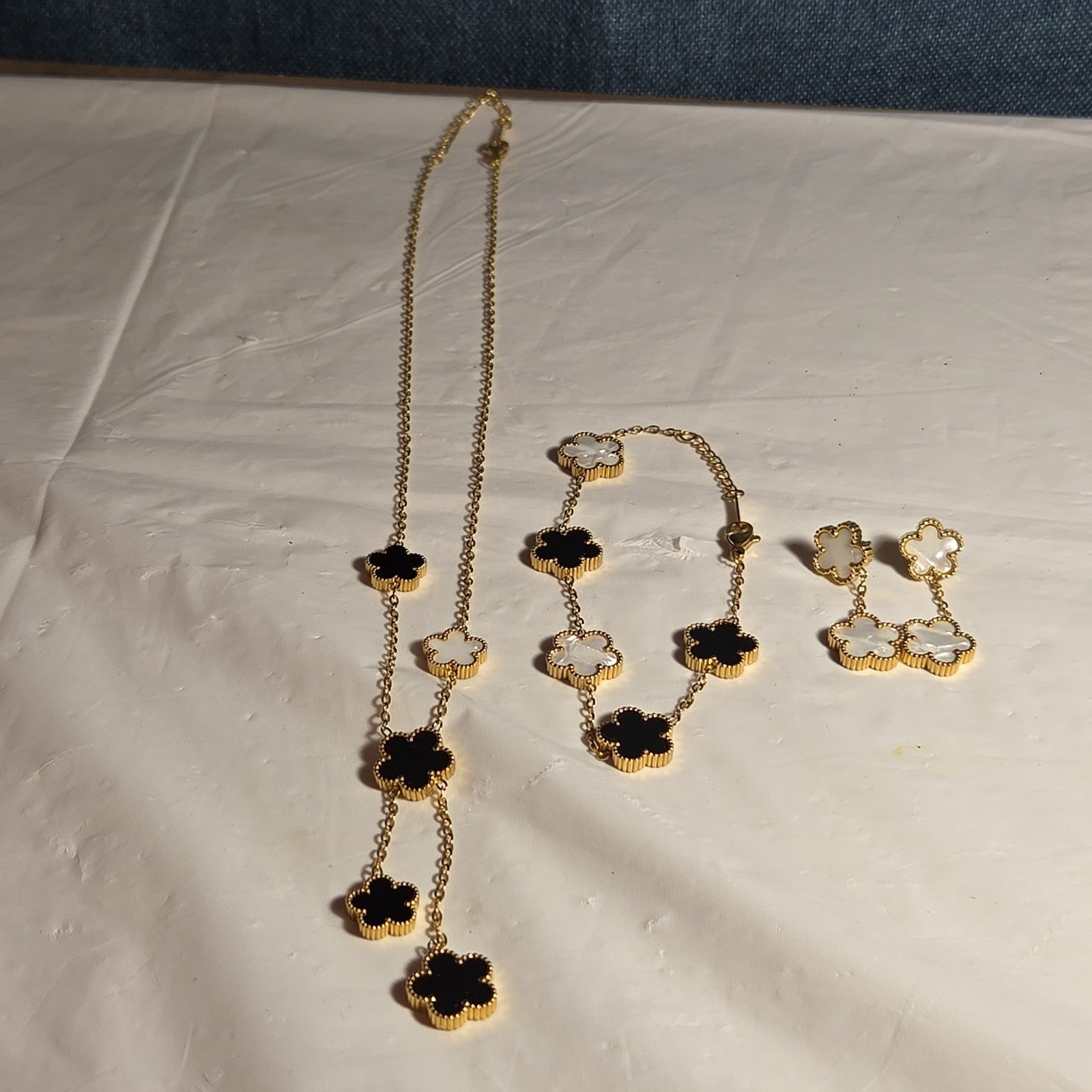 3PC Jewelry Set Black White Gold Tone Necklace Bracelet Earrings