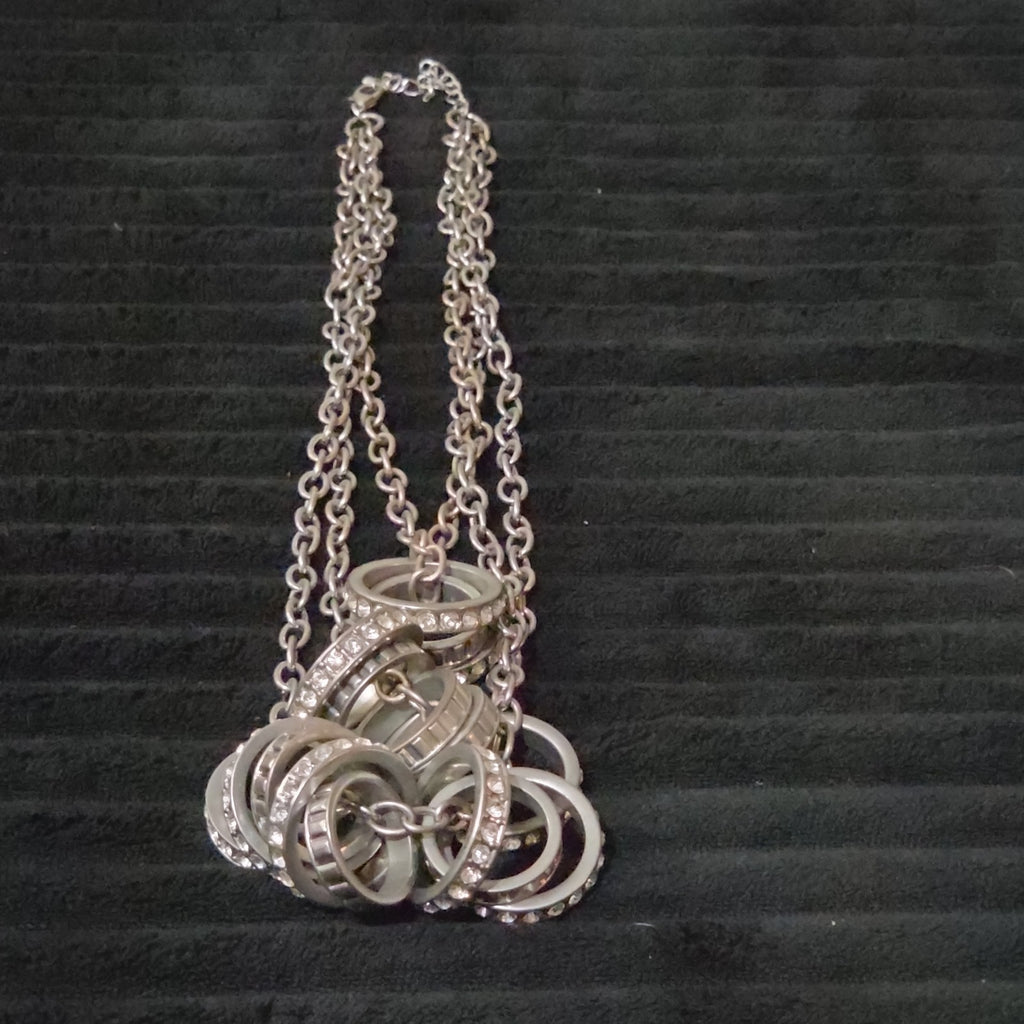 NY Collection Silver Tone Triple Chain Rhinestone Ring Cluster Necklace