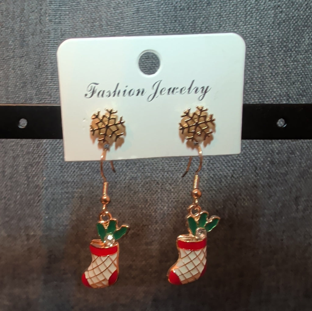 Christmas Stocking Snowflake Earring 2-Pair Set Enamel Gold-Tone Holiday NEW