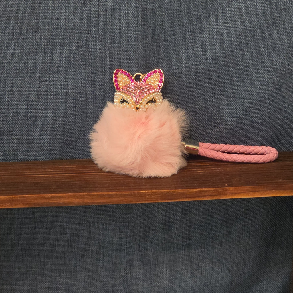 Pink Rhinestone Fox Pom Pom Keychain Charm Braided Strap
