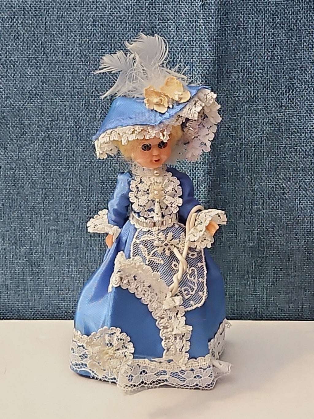 Vintage Brussels Souvenir Doll | 6" Belgium Blue Dress | "Bruxelles" Lace Apron