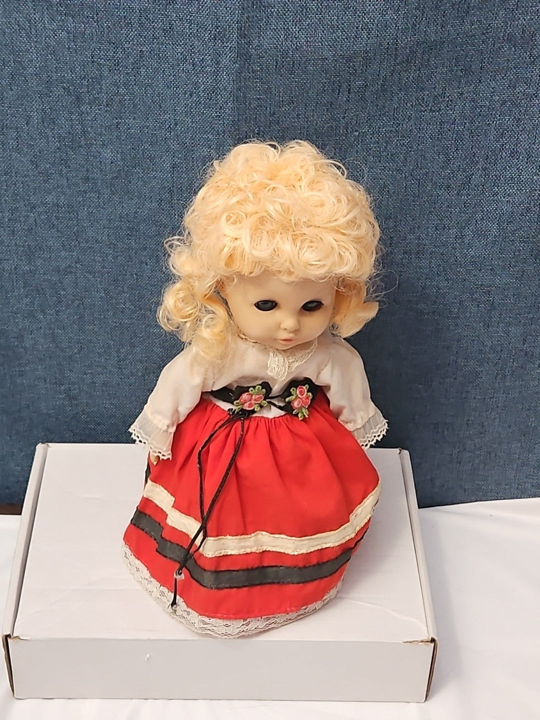 Vintage Heritage Doll Piggy Bank European Folk Costume Blonde Curls Aged Charm