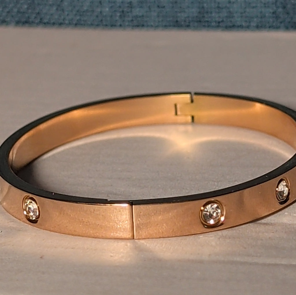 Hinged Bangle Copper Rose Gold Tone Rhinestone