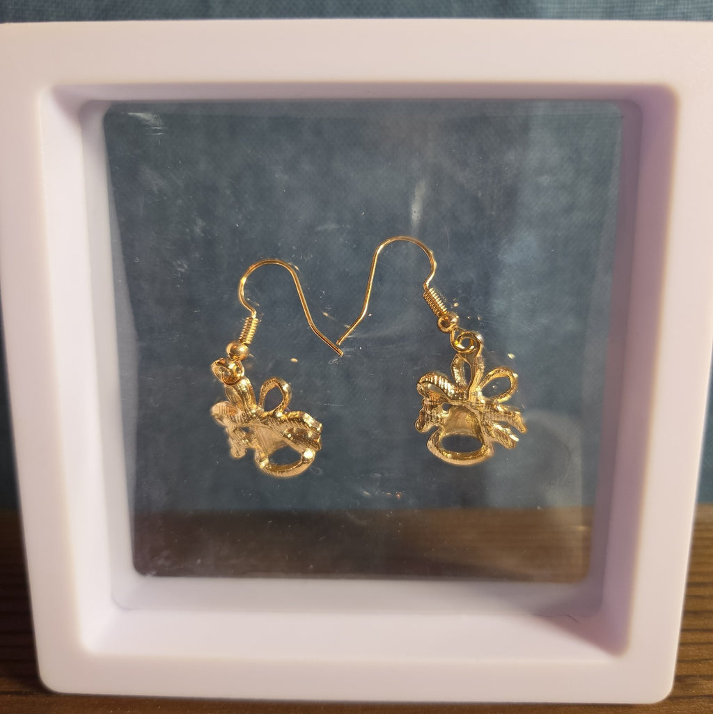 Gold Christmas Bells Drop Earrings 3/4" Red Enamel