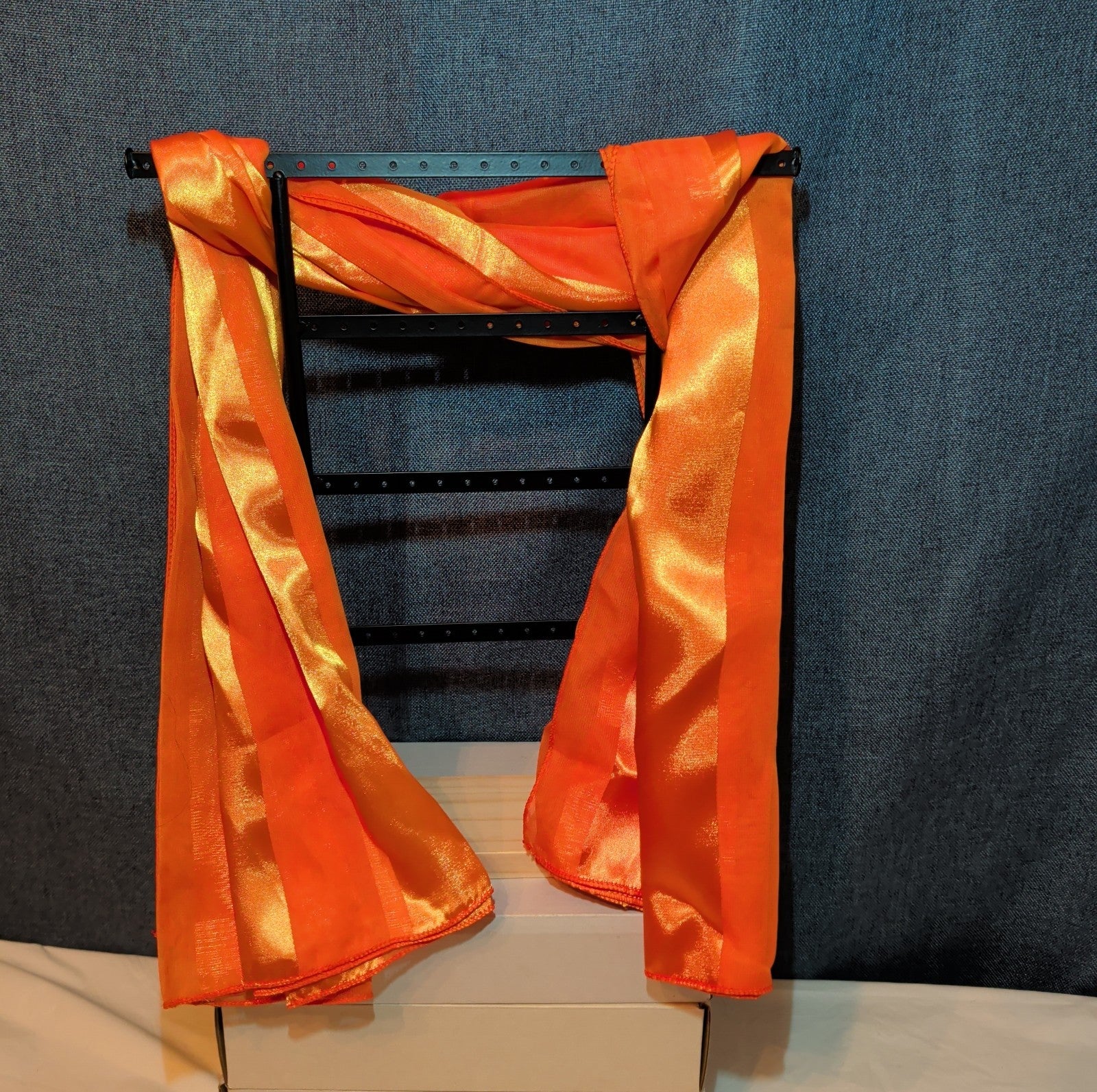 Vintage Orange Striped Scarf Sheer Satin Oblong Rectangular Wrap Retro