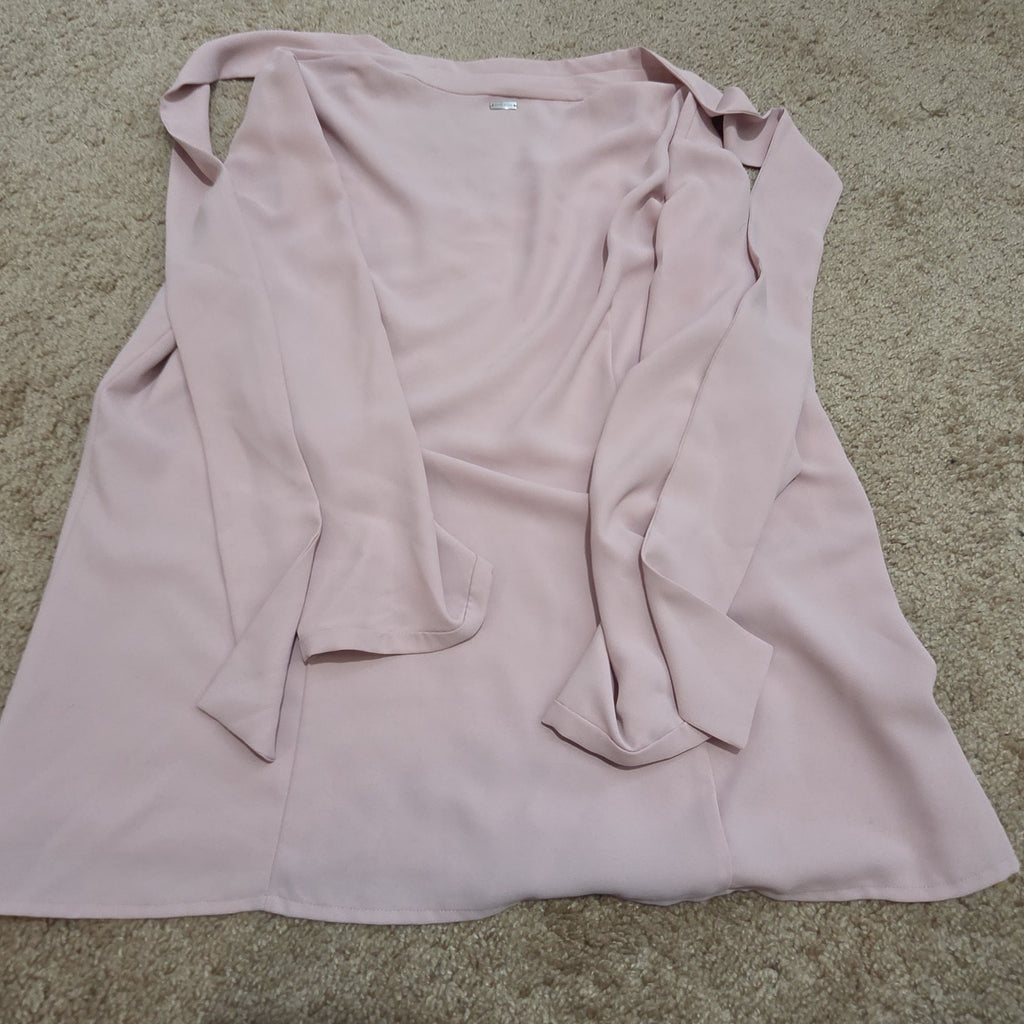 Anne Klein Blouse L Pink Tie Neck V-Neck Long Sleeve Career Top
