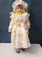 Vintage 8" Porcelain Doll | Blonde with Bonnet & Ruffled Dress