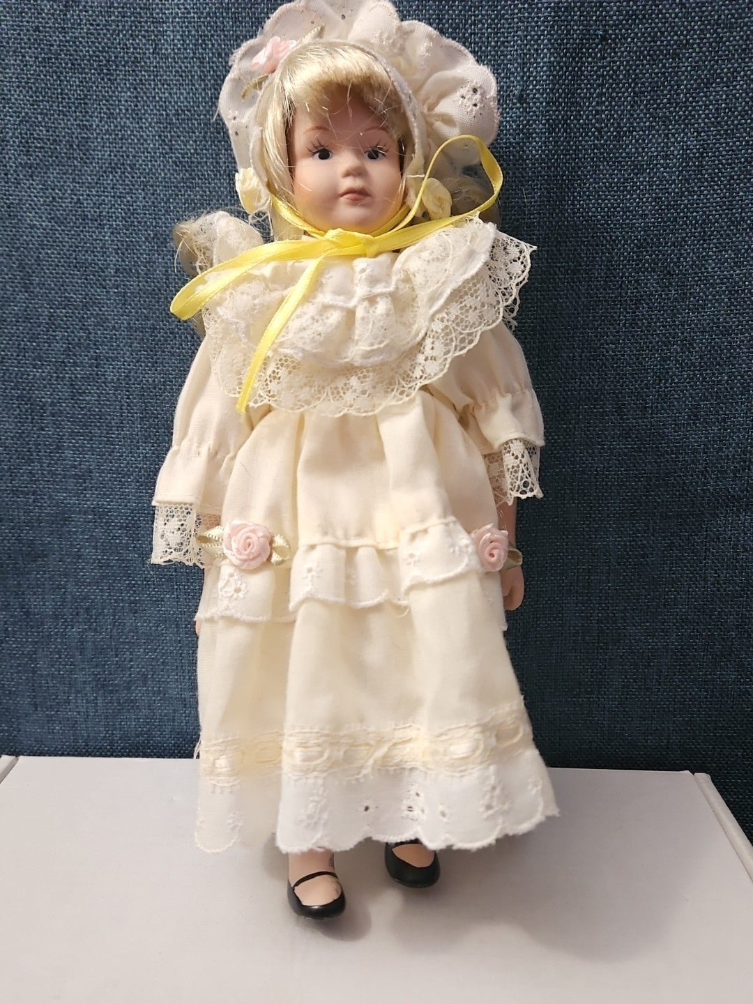 Vintage 8" Porcelain Doll | Blonde with Bonnet & Ruffled Dress