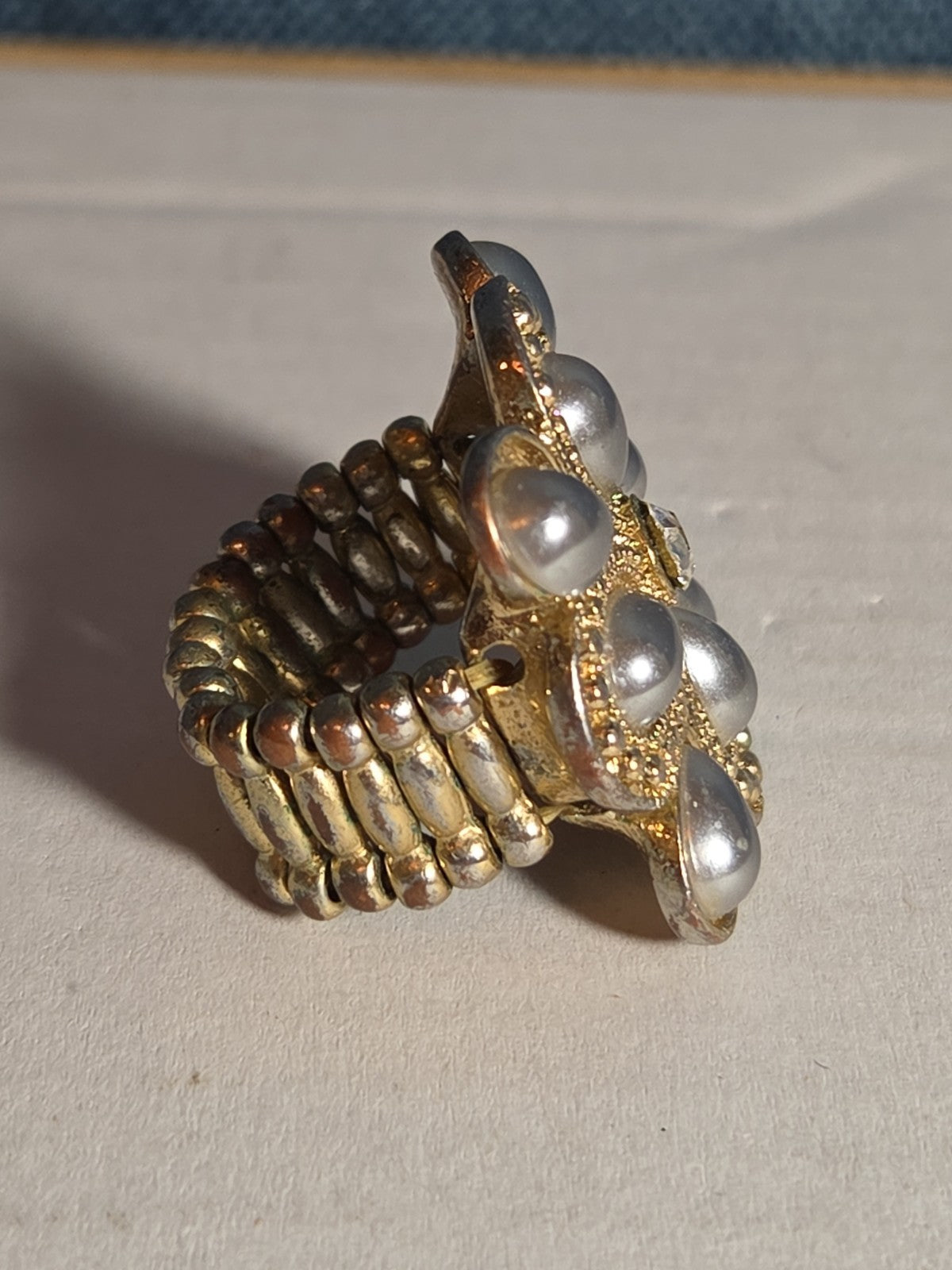 Sarah Coventry Pearl Rhinestone Flower Ring Vintage  Adjustable