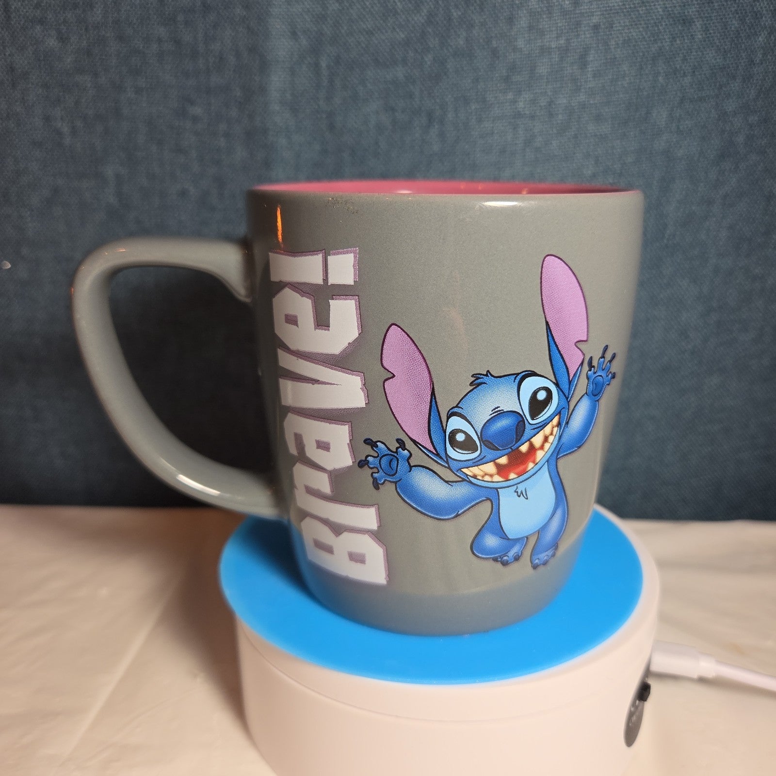 Disney Parks Stitch Loyal Brave Grey Ceramic Mug Pink Inside