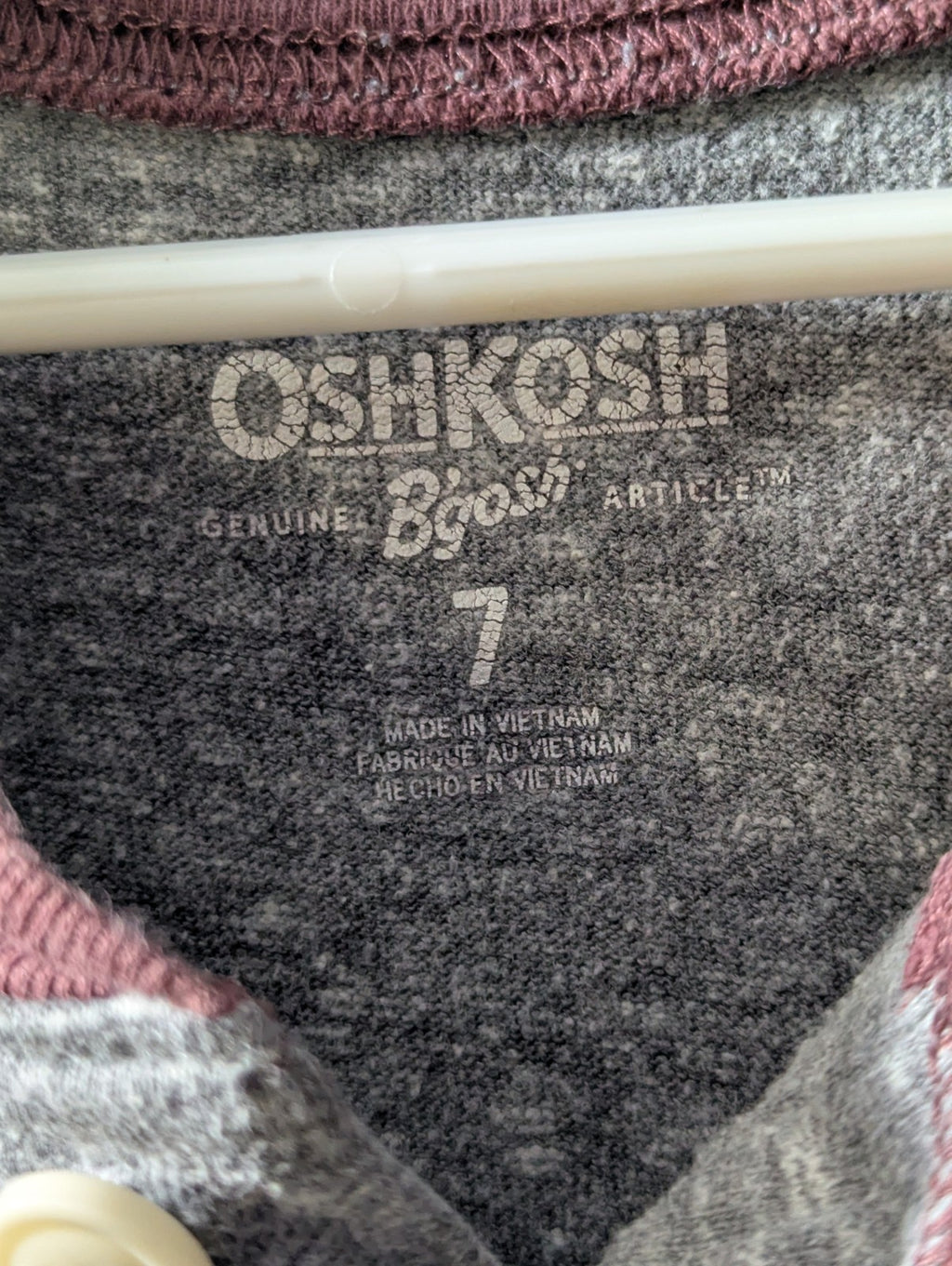 OshKosh B'gosh Boys Shirt Size 7 Henley Raglan Gray Maroon Varsity Stripe