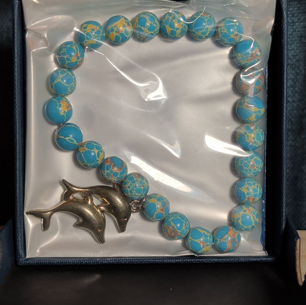 Dolphin Charm Blue Imperial Jasper 8mm Stretch Bracelet Boho NIB