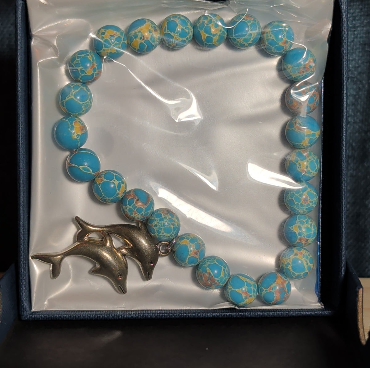 Dolphin Charm Blue Imperial Jasper 8mm Stretch Bracelet Boho NIB