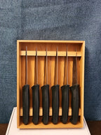 6 Gibson Steak Knives | 4.5" Serrated Stainless Steel | Wood Storage Block Tray