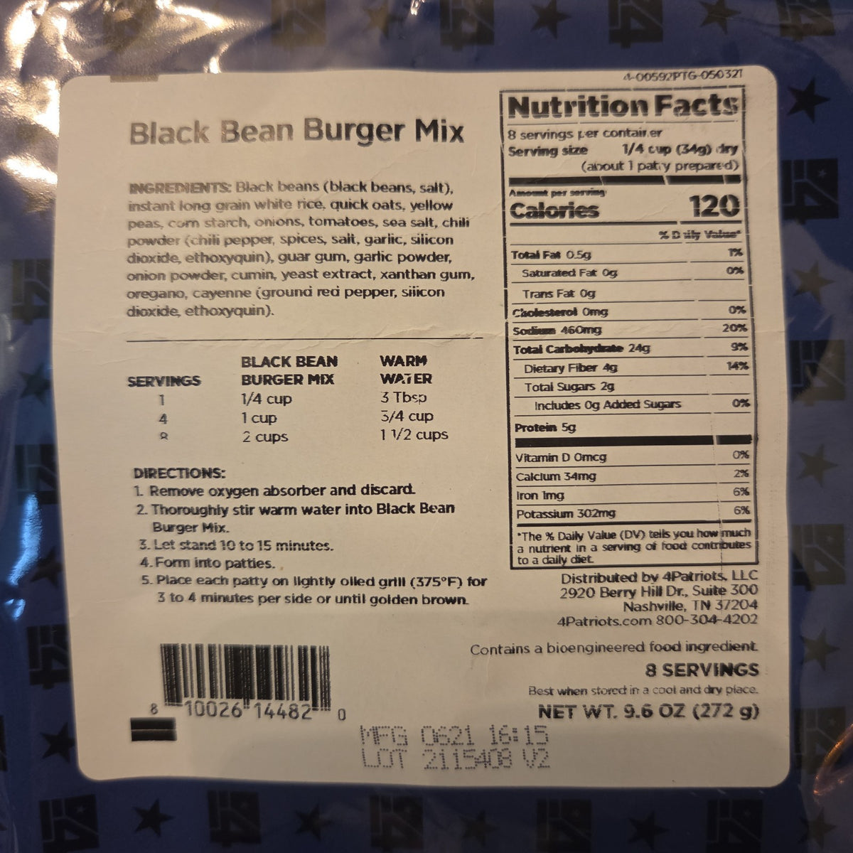 4Patriots Black Bean Burger Mix 8 Servings Survival Food
