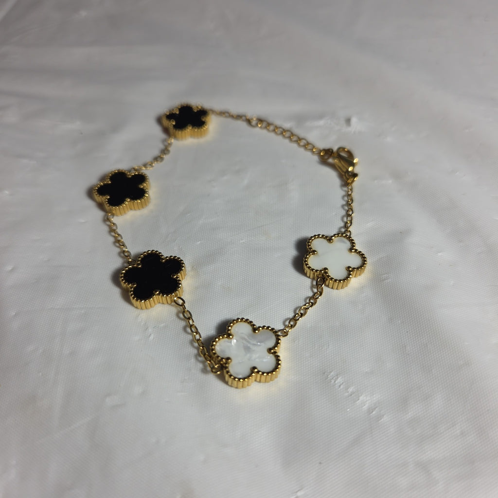 3PC Jewelry Set Black White Gold Tone Necklace Bracelet Earrings