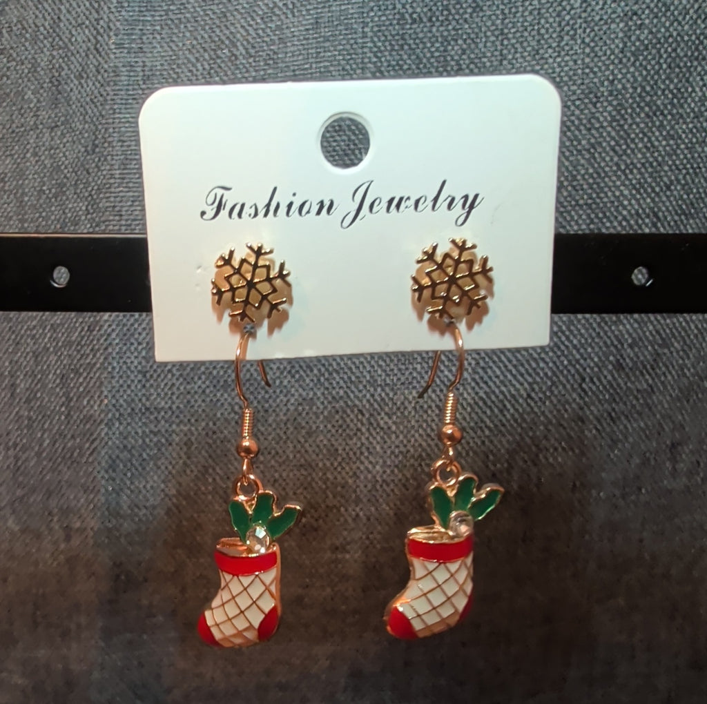 Christmas Stocking Snowflake Earring 2-Pair Set Enamel Gold-Tone Holiday NEW
