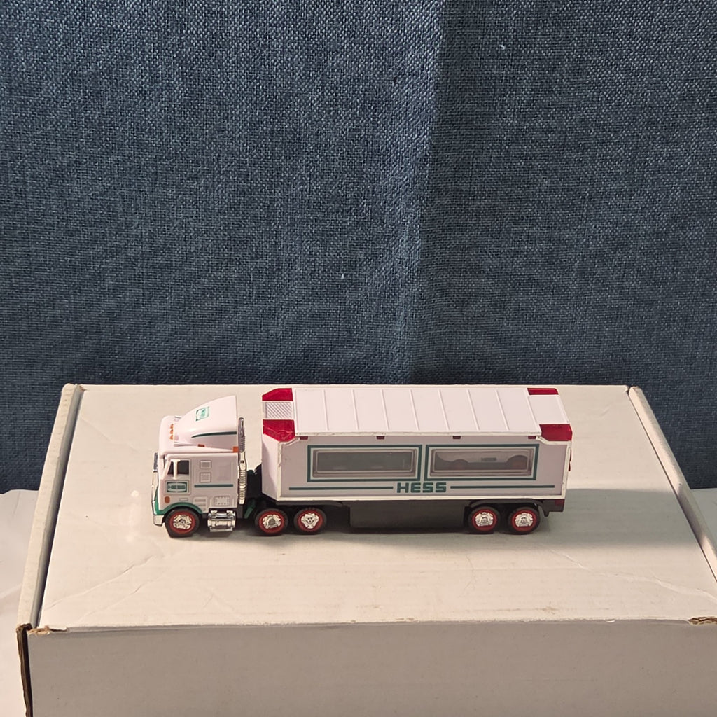 2021 Hess Mini Toy Truck Semi Hauler with Race Car White & Green Collectible