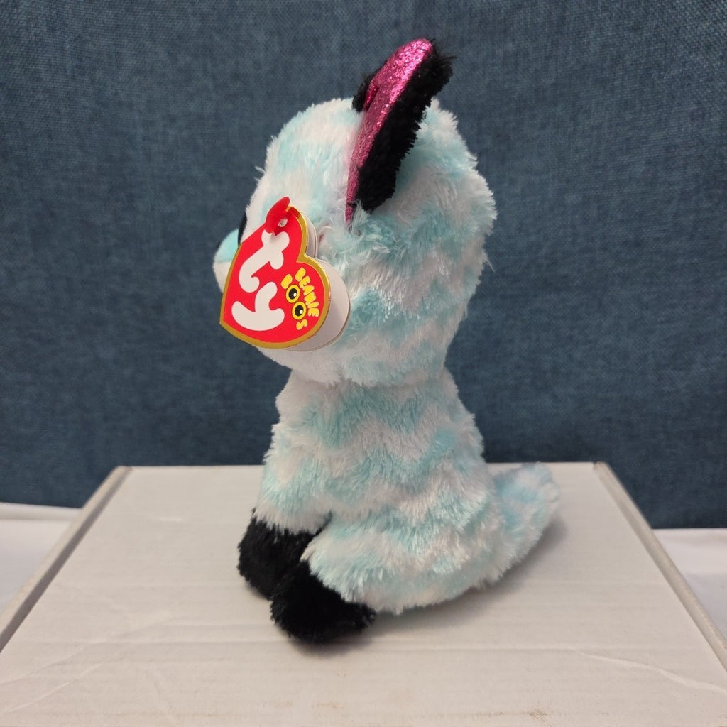 Ty Beanie Boos Atlas Aqua Chevron Fox 6" Plush Blue Glitter Eyes Retired MWMT