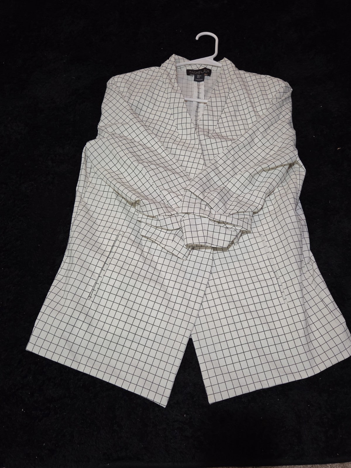 Rachel Zoe Open Front Blazer Women's S White Black Check 3/4 Sleeve Ruche Size L