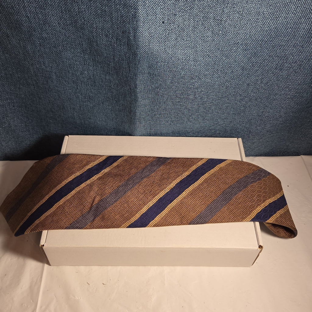 J.Z. Richards Silk Tie Edwards Michigan Brown Blue Stripe Frayed As Is Vest Tie