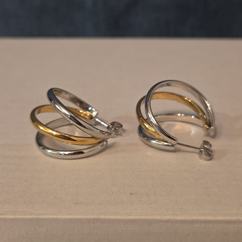 Triple Hoop Mixed Metal Gold Silver Tone Earrings Modern