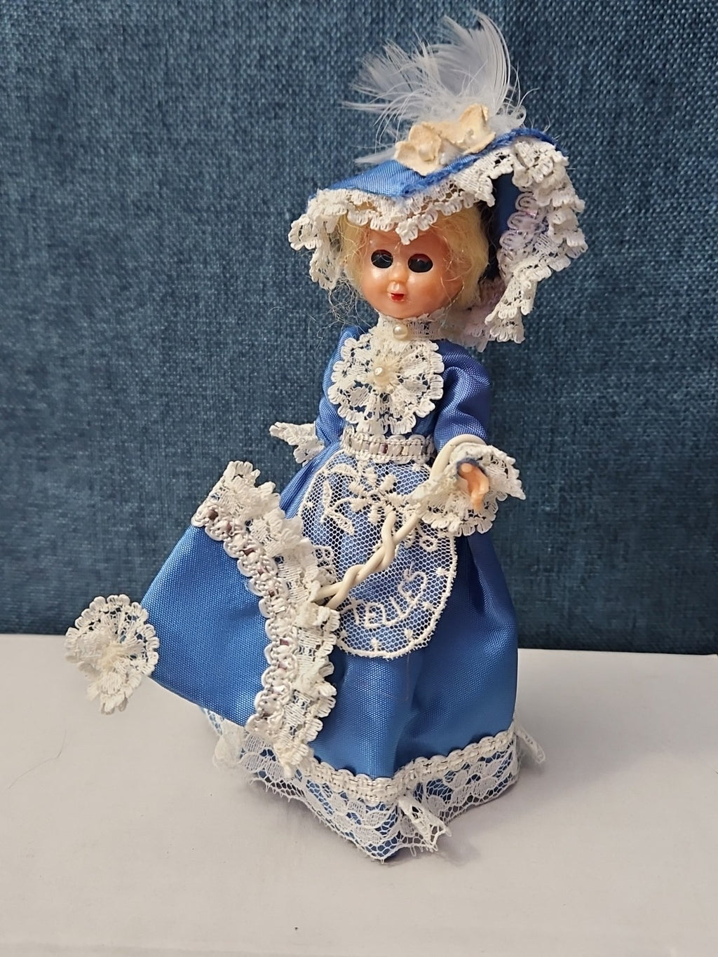Vintage Brussels Souvenir Doll | 6" Belgium Blue Dress | "Bruxelles" Lace Apron