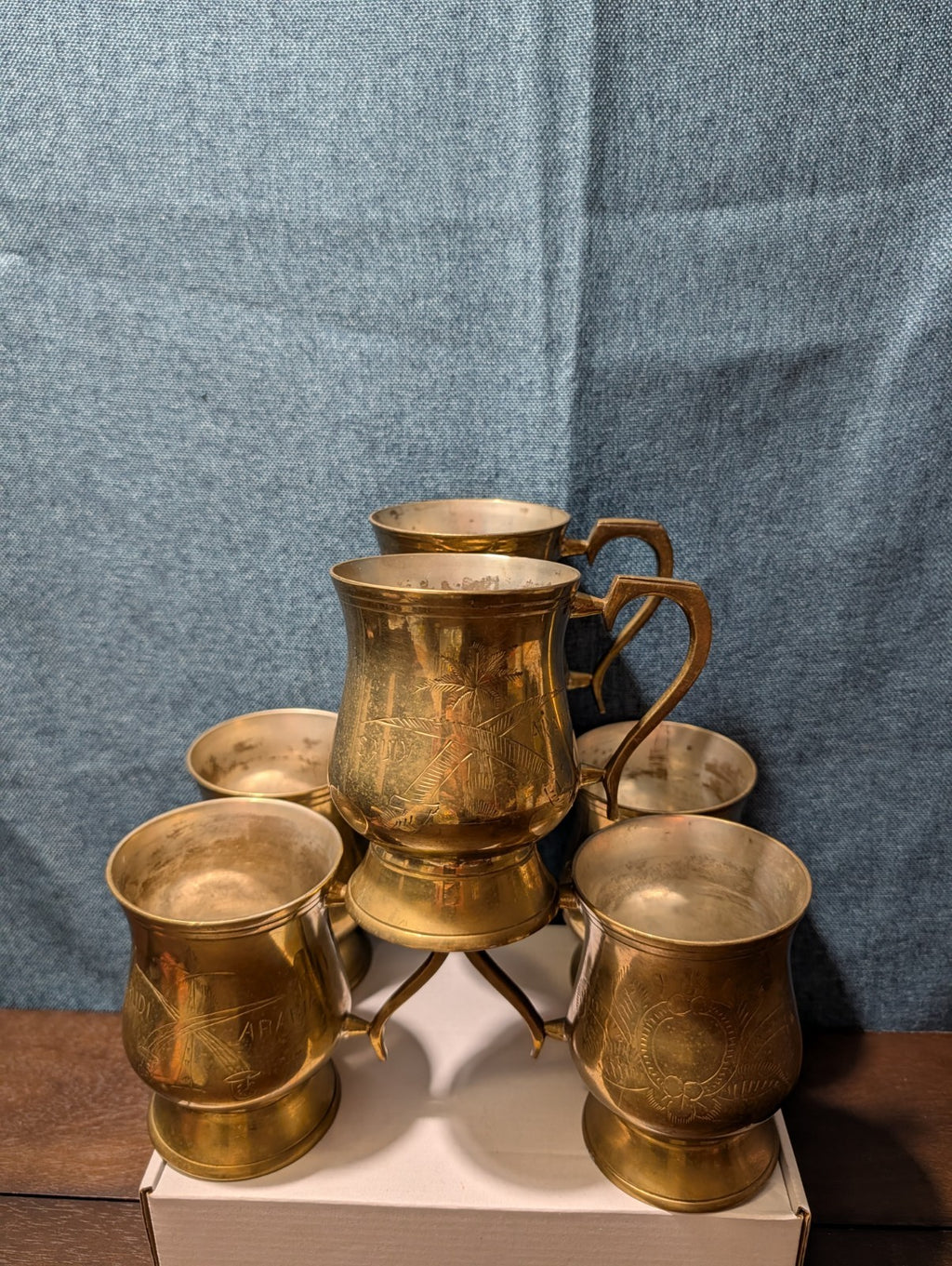 6 Vintage Etched Brass Mugs | Saudi Souvenir Goblets | Schree Amber  & Co.