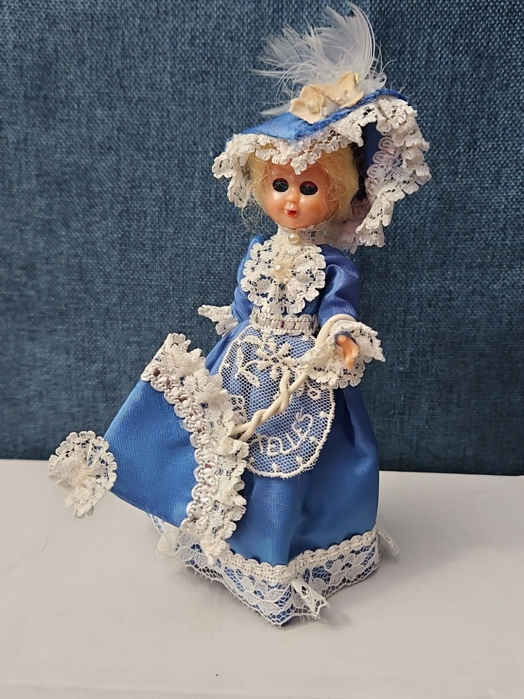 Vintage Brussels Souvenir Doll | 6" Belgium Blue Dress | "Bruxelles" Lace Apron