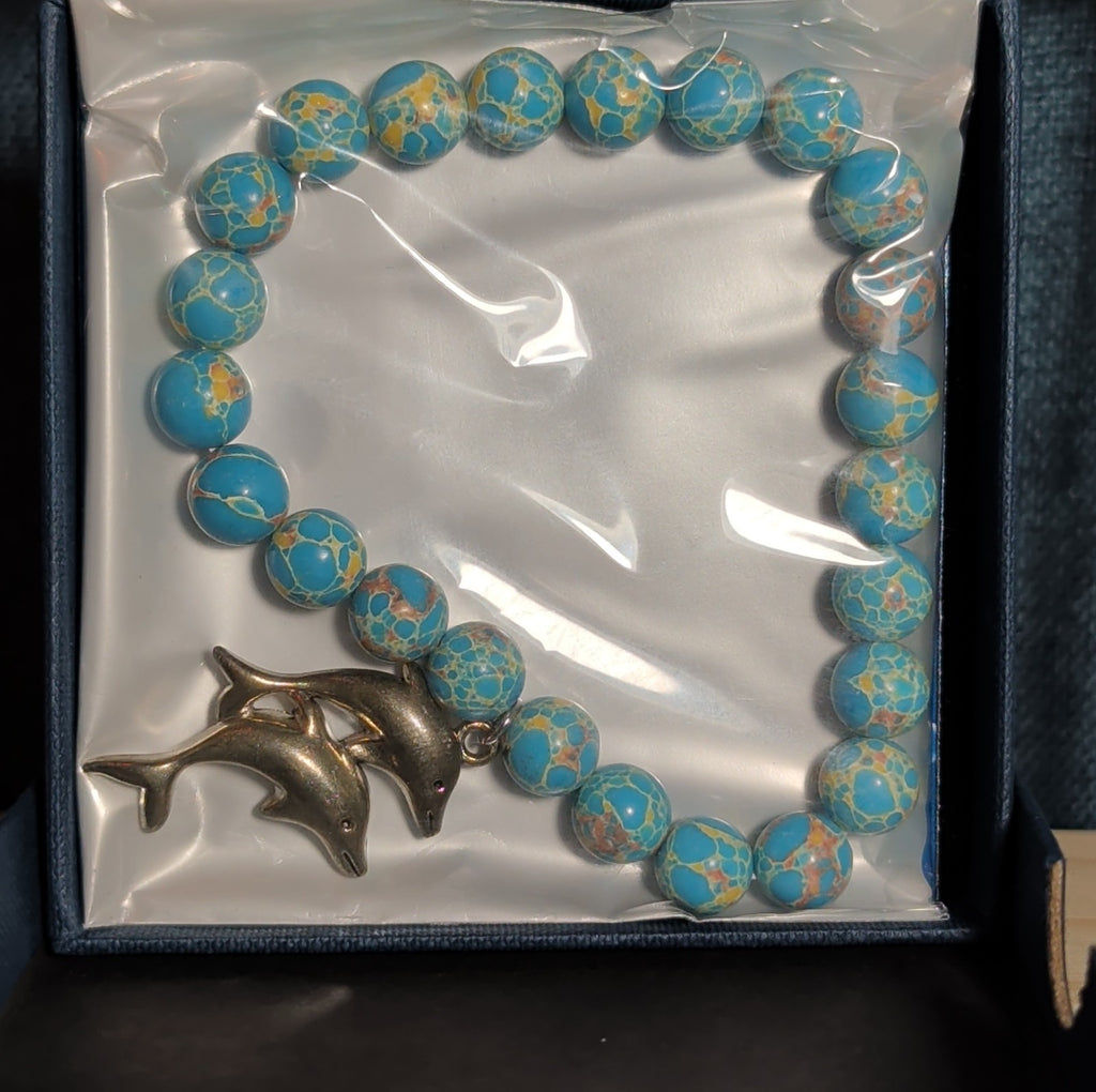 Dolphin Charm Blue Imperial Jasper 8mm Stretch Bracelet Boho NIB